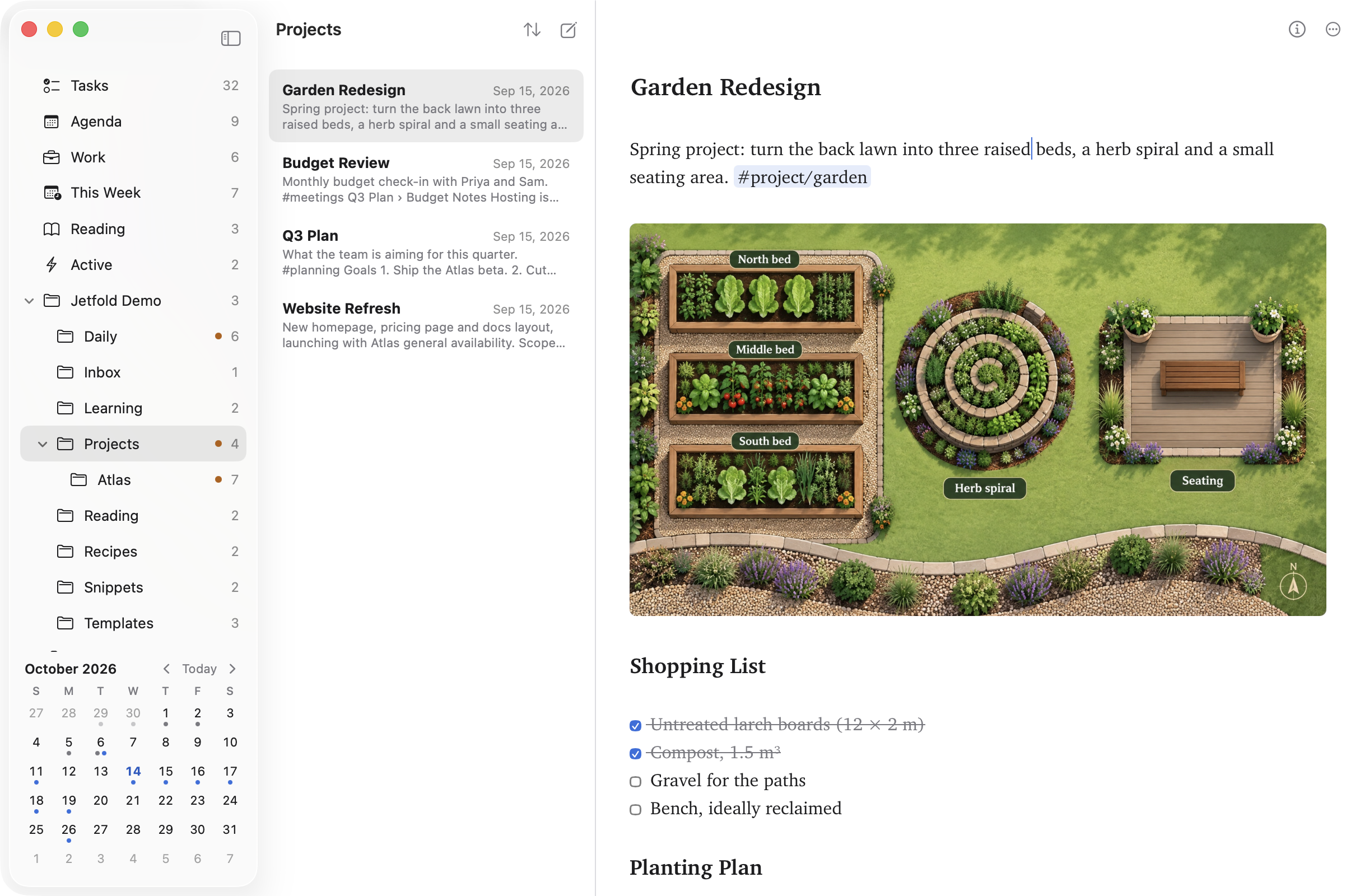 The main window in its three-column layout: the sidebar with views, folders and the calendar, the notes in the Projects folder, and the Garden Redesign note with a picture, a task list and a tag