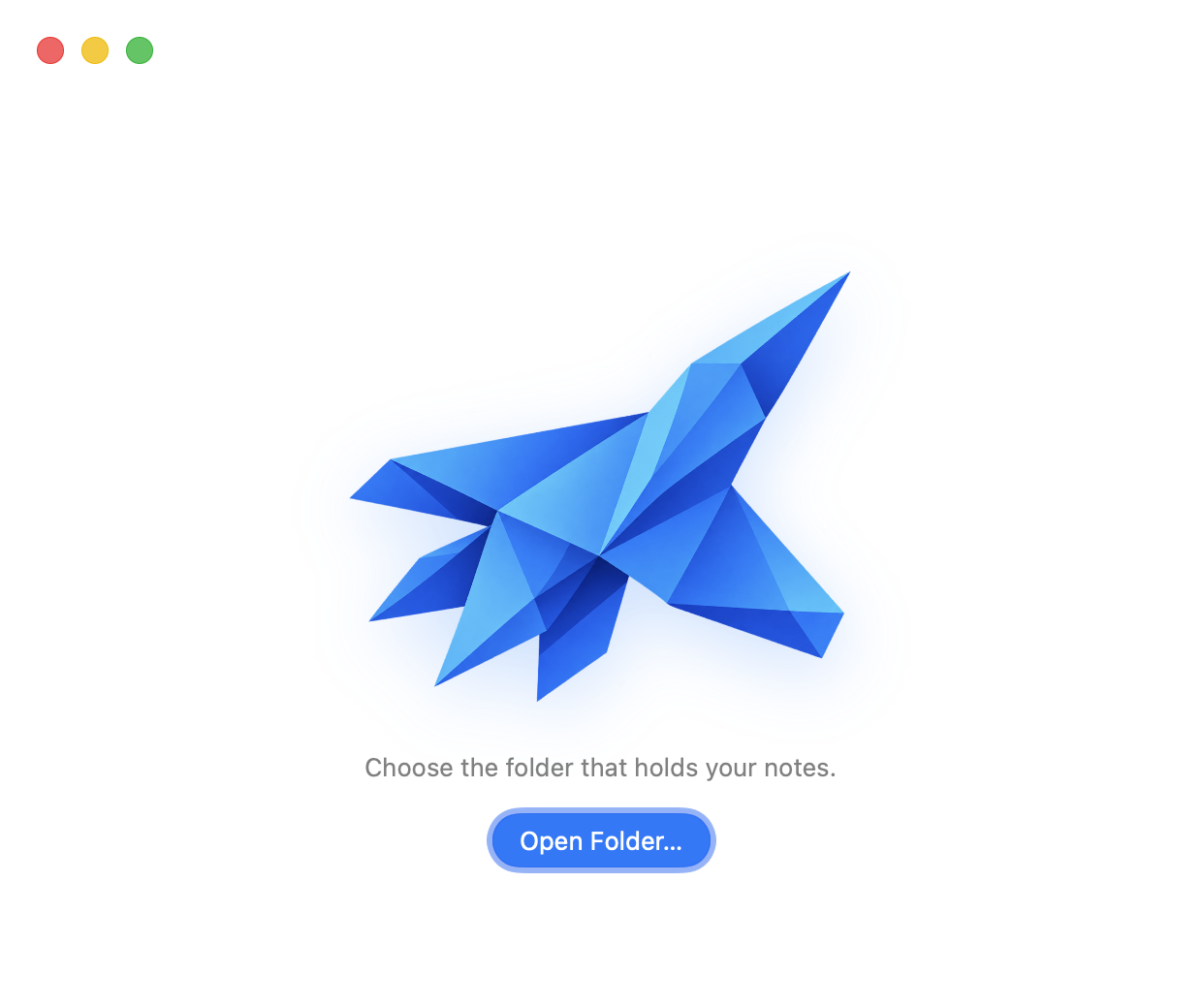 The welcome screen in a small window: the origami jet floating above "Choose the folder that holds your notes." and the Open Folder… button