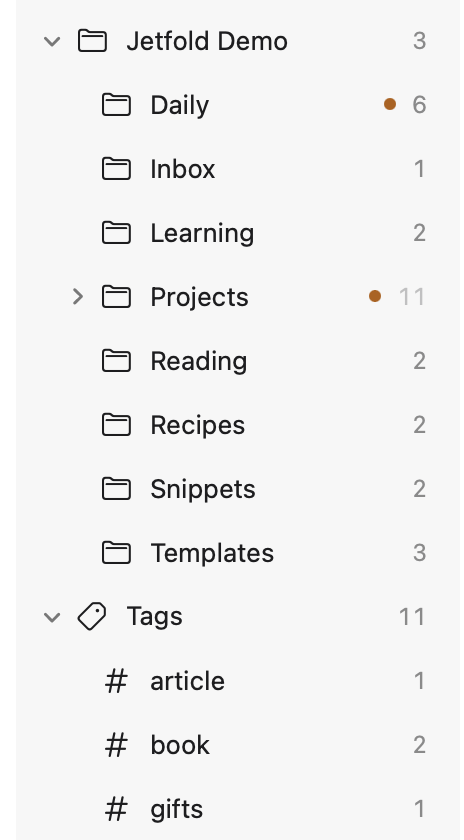 The sidebar with folders, note counts and the Tags group