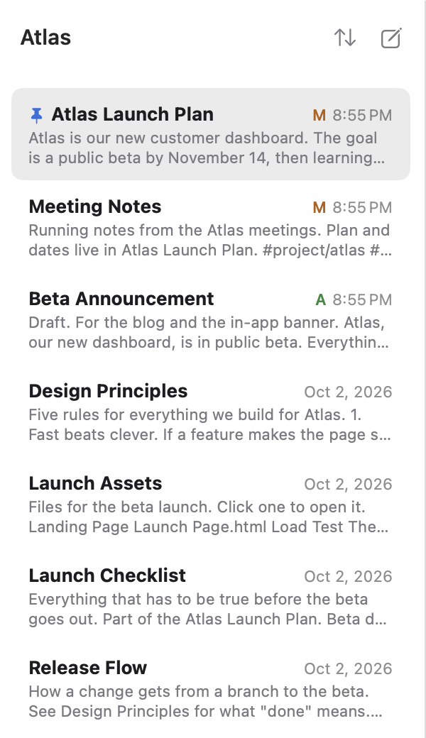 The note list header (folder name, sort menu, New Note button) and rows with bold titles, dates on the right, two-line previews, a pinned note and git status letters