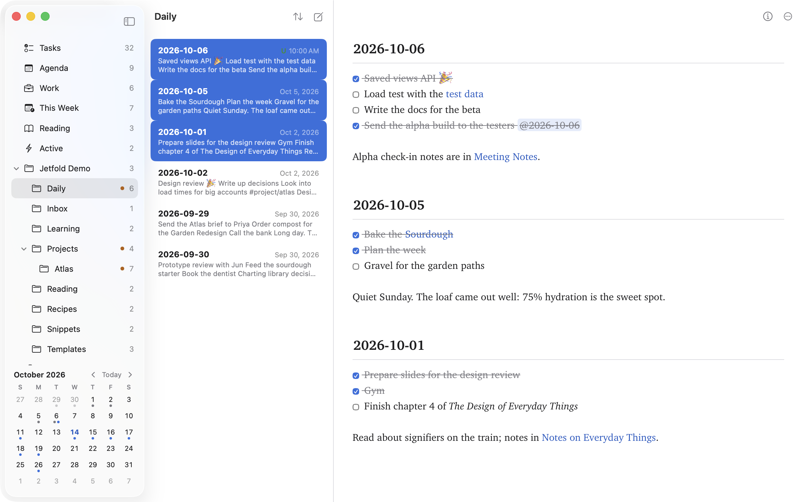 Three daily notes selected in the list and shown one after another in the editor