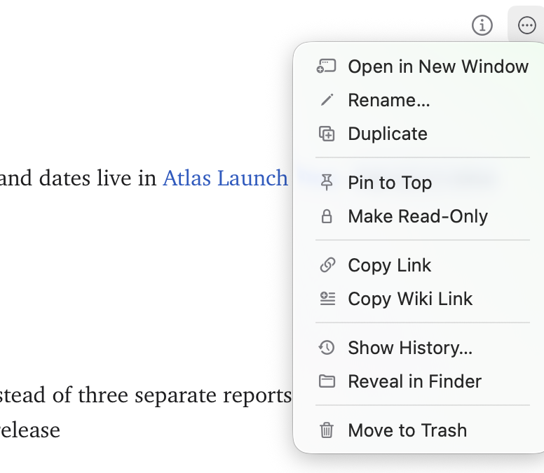 The ⋯ menu open at the top of the editor: Open in New Window, Rename…, Duplicate, Pin to Top, Make Read-Only, Copy Link, Copy Wiki Link, Show History…, Reveal in Finder and Move to Trash