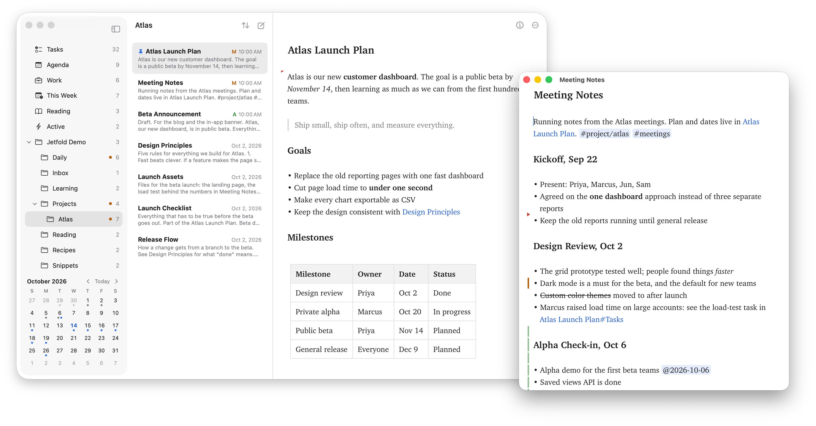 Meeting Notes open in its own window beside the main window, which shows Atlas Launch Plan