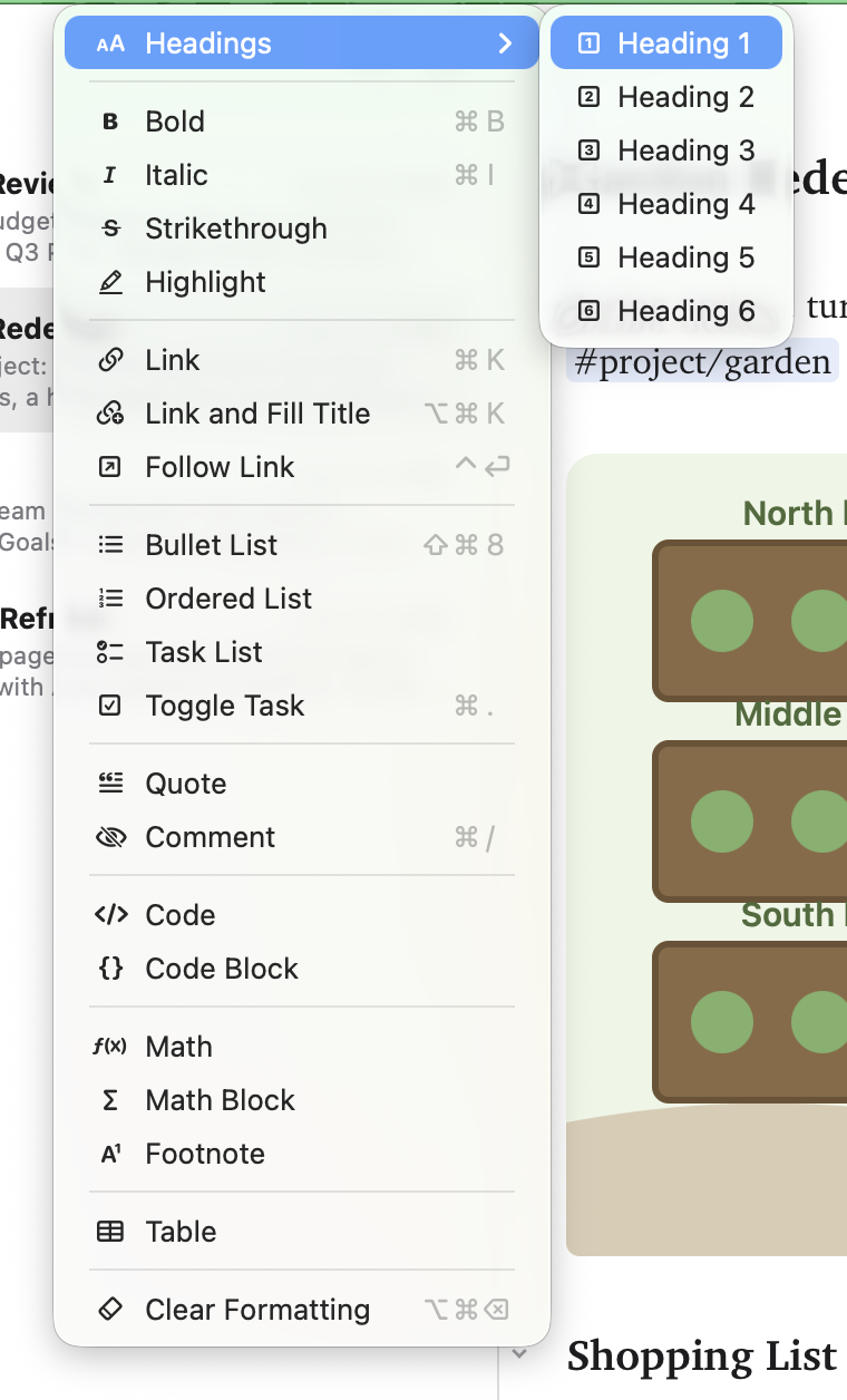 The Format menu open, with an icon beside every command and the Headings and Table submenus