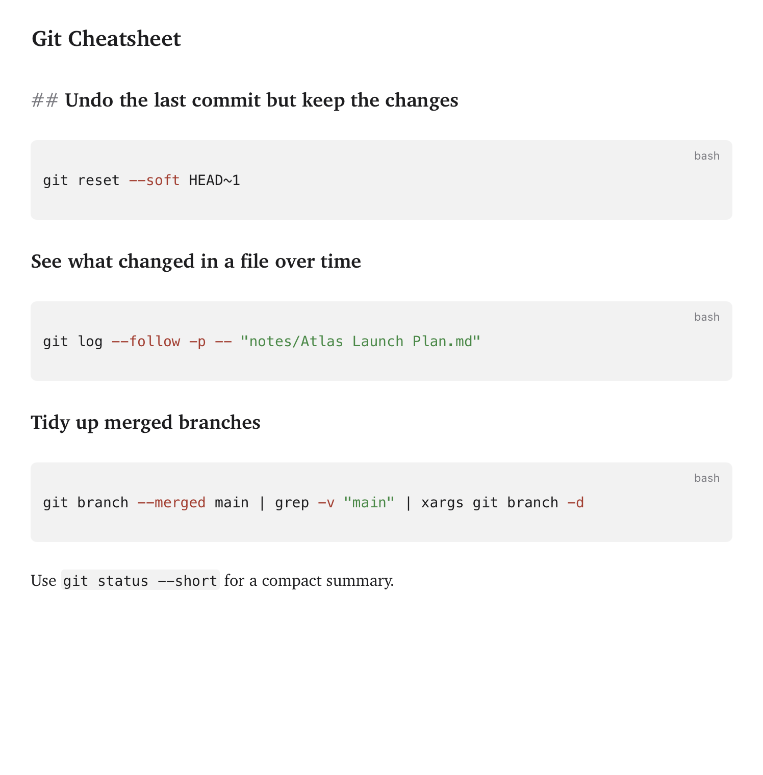 Git Cheatsheet: code blocks with syntax colors and small language labels