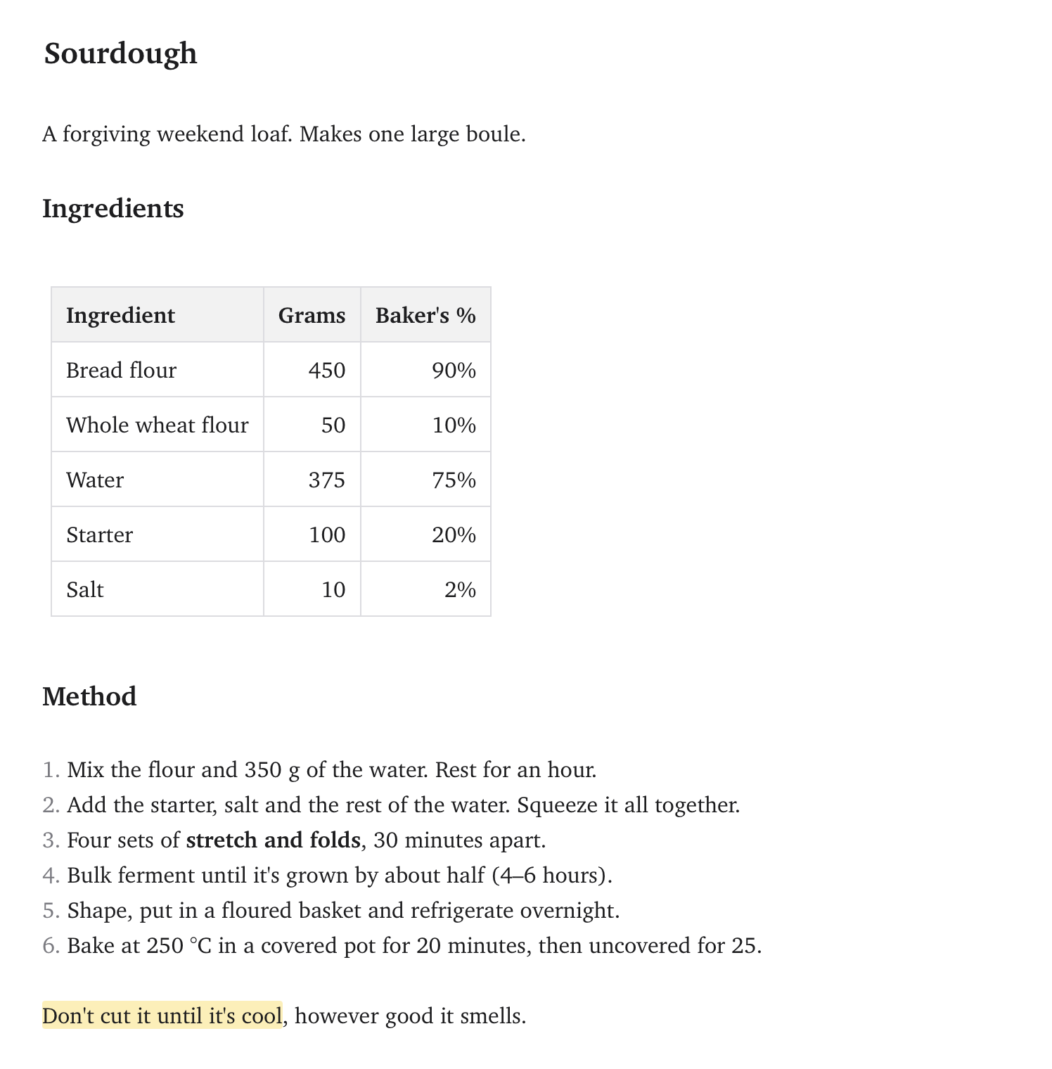 A recipe with a rendered ingredients table and a numbered method