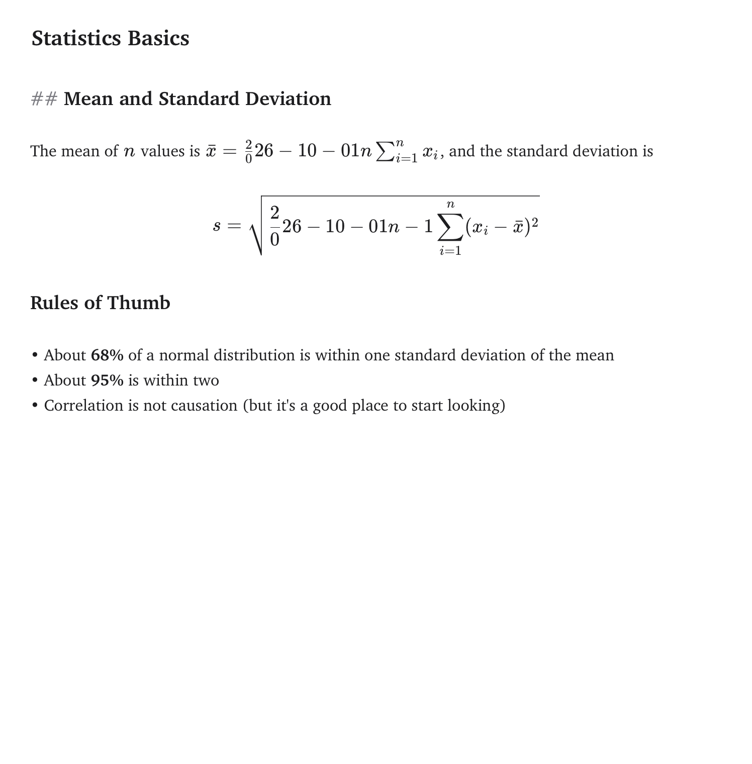 Statistics Basics with inline math in a sentence and a display formula below it