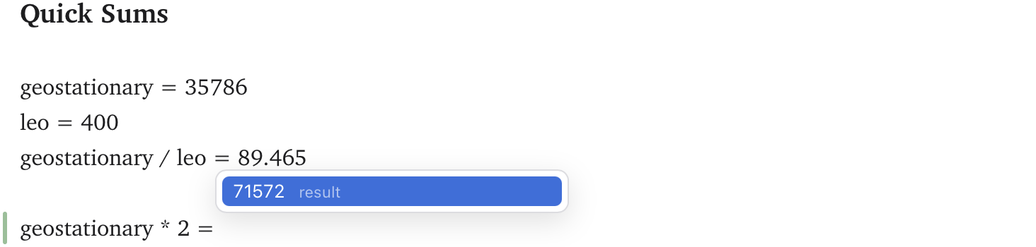 The calculator offering 71572 after "geostationary * 2 =", with a variable defined on the line above