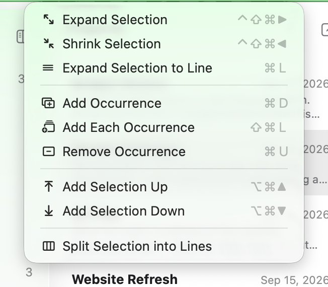 The Selection menu: Expand and Shrink Selection, Expand Selection to Line, the occurrence commands and the multiple-cursor commands