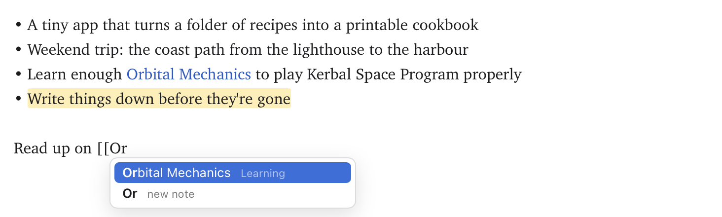 Wikilink autocomplete after typing [[Or: Orbital Mechanics, or a new note called Or