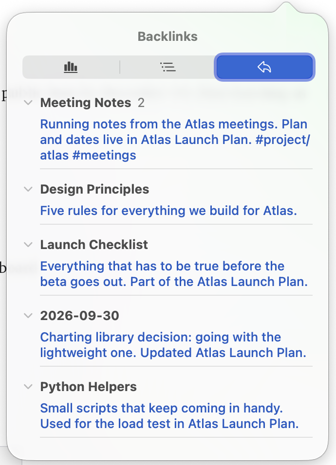 Note Info on its Backlinks tab, listing two notes that link here