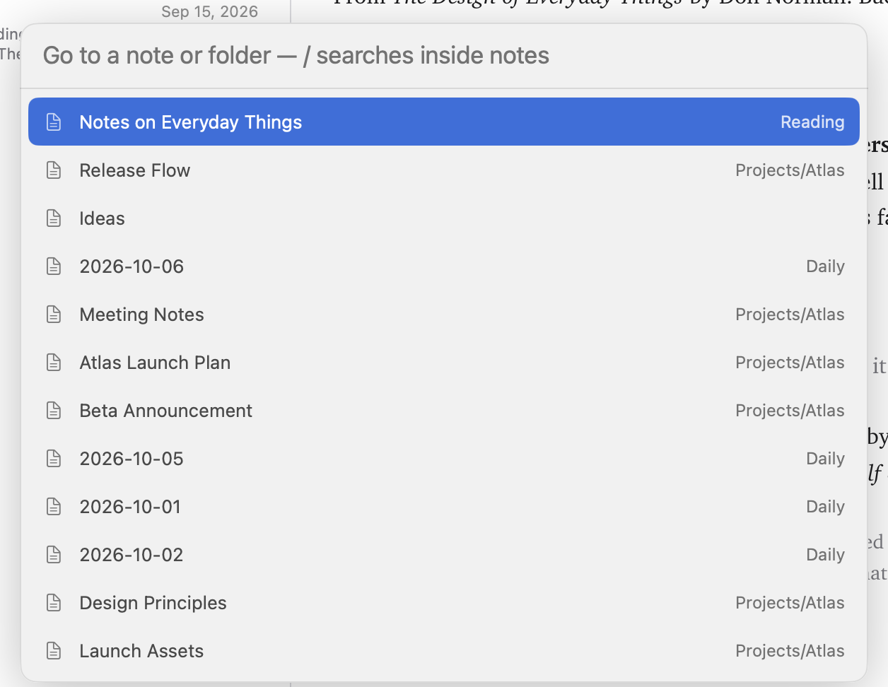 Go to Note with nothing typed, listing the most recently edited notes with their folders