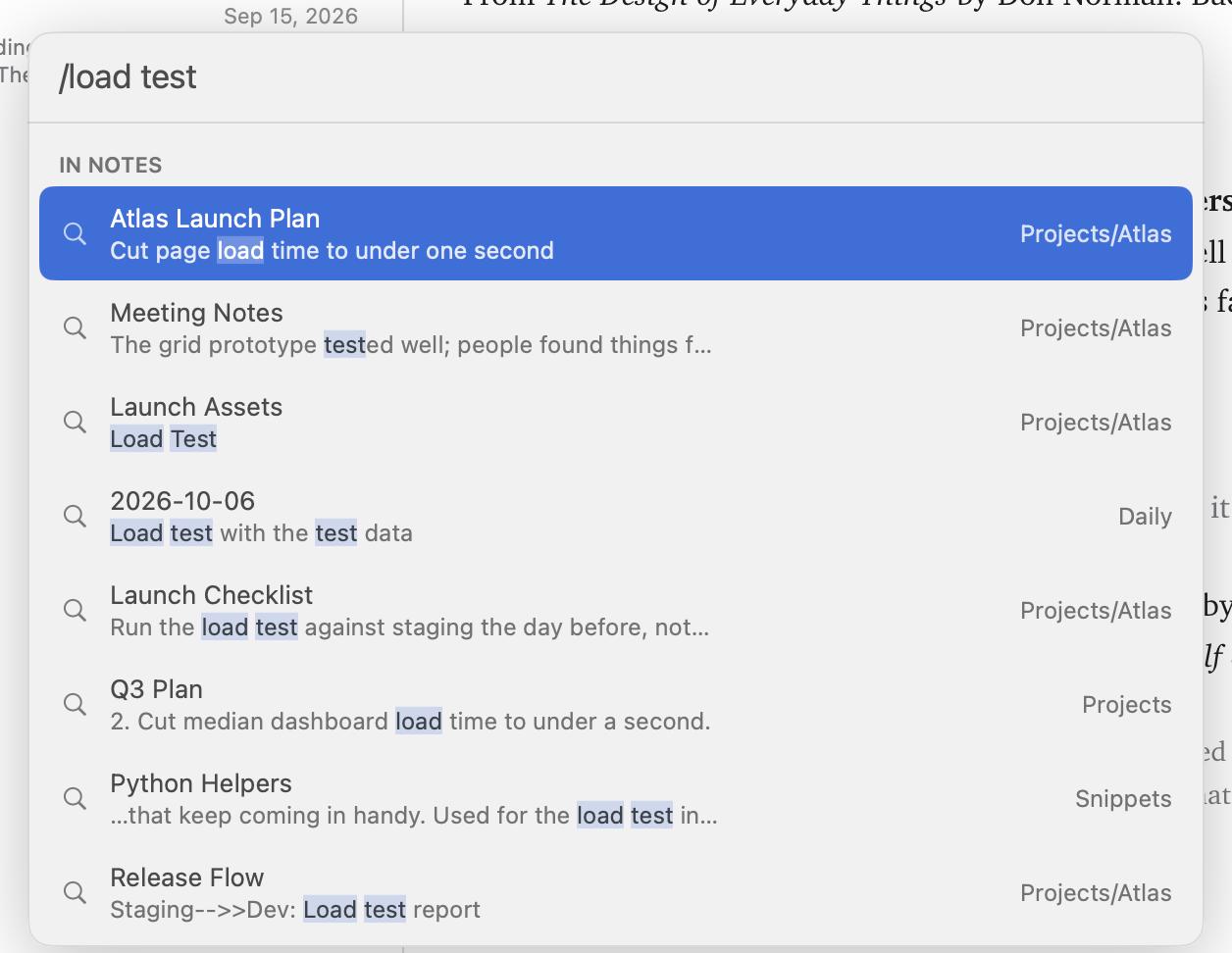 Search in Notes with results for load test, each with a highlighted snippet