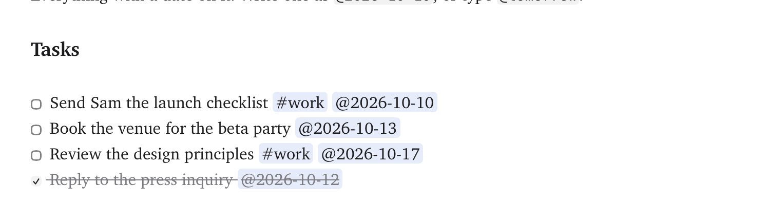 A task list with @dates shown as chips, one ticked