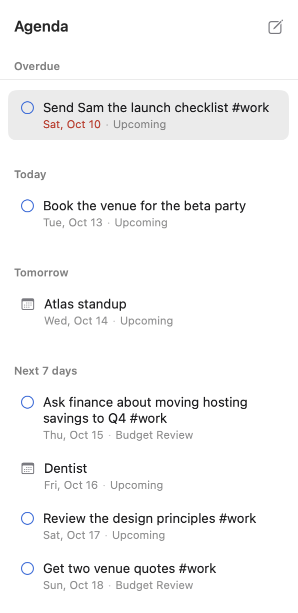 The Agenda view: dated tasks and events grouped under Overdue, Today, Tomorrow and Next 7 days