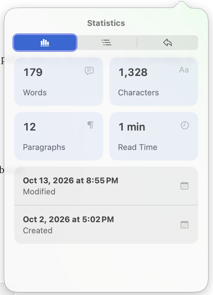 Note Info open on its Statistics tab: words, characters, paragraphs, read time, and the created and modified dates