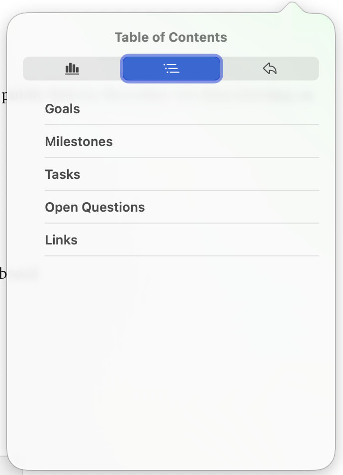 Note Info open on its Table of Contents tab, with the heading the cursor is in highlighted