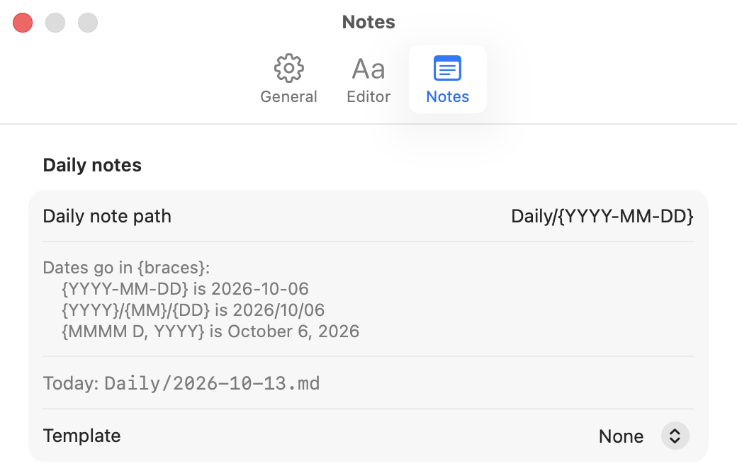 Settings → Notes: the Daily note path field with its hint, and the resulting path for today below it