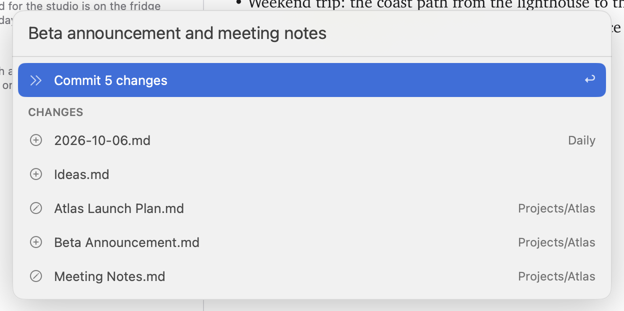 Commit Changes with a message field and the list of changed notes