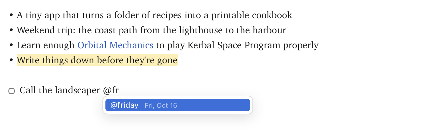 Typing "@fr" in a task offers "@friday" with its date, "Fri, Oct 16", in a small list