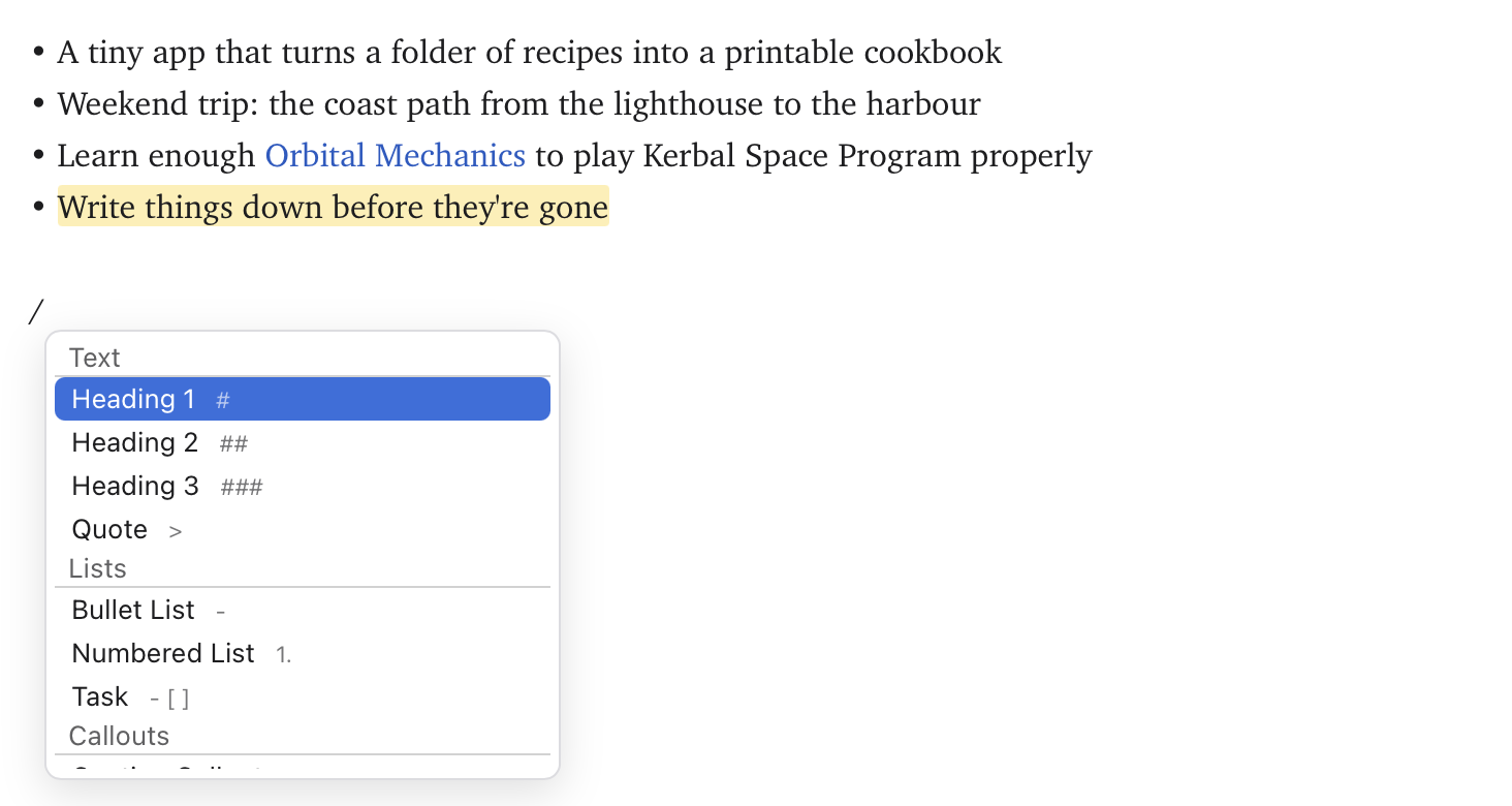 The slash menu, grouped into Text, Lists, Callouts, Blocks, Insert and Templates