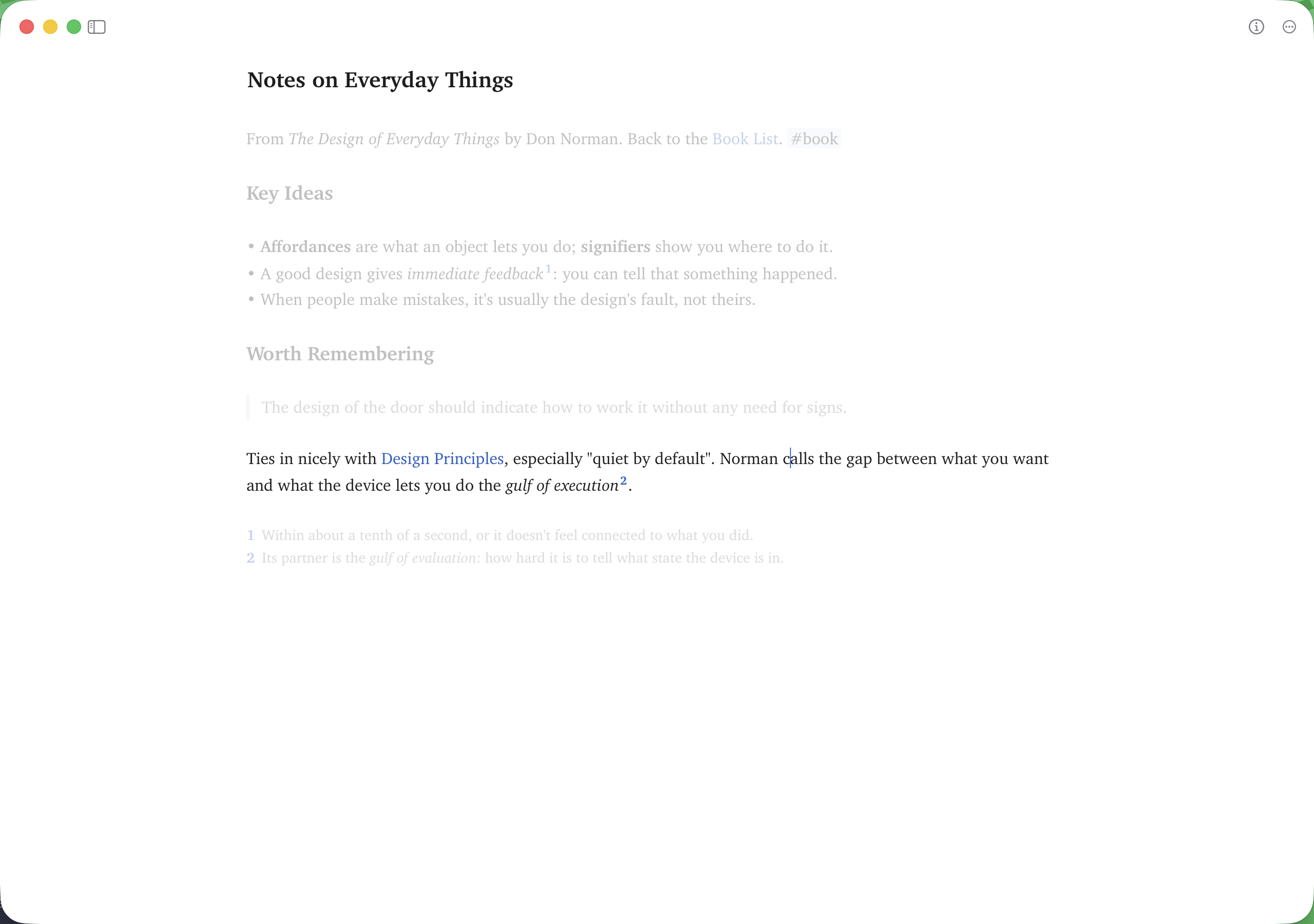 Focus mode in the editor-only layout: the paragraph being written in full color in the middle of the window, the rest of the note faded