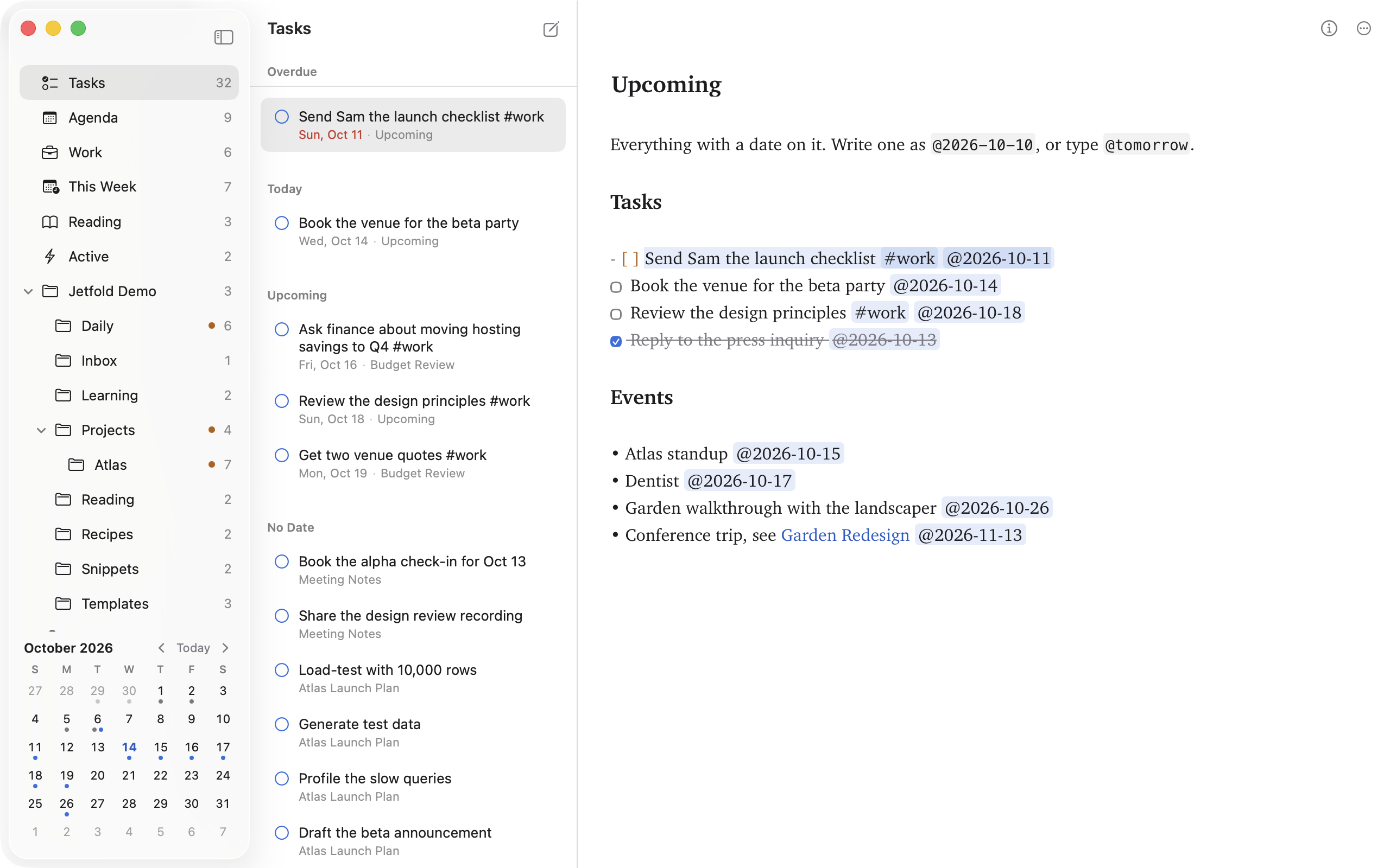 The Tasks view: overdue, today's and upcoming tasks, with the selected task's note open beside it