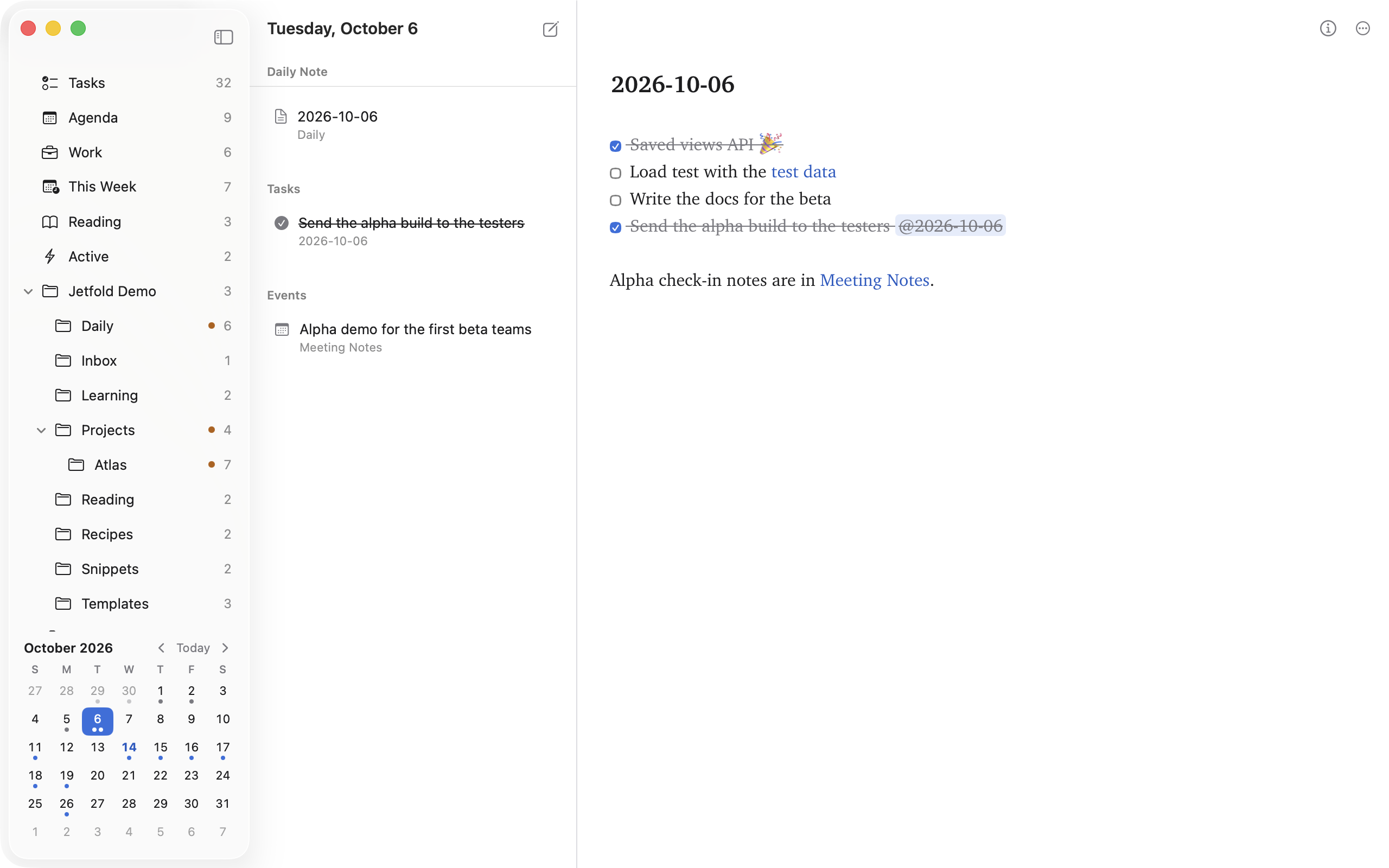 The sidebar calendar with dots under days that have notes and tasks