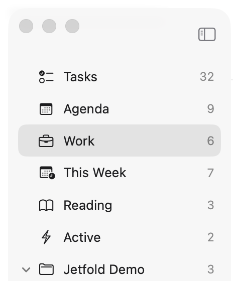 The sidebar with Work, This Week, Reading and Active views