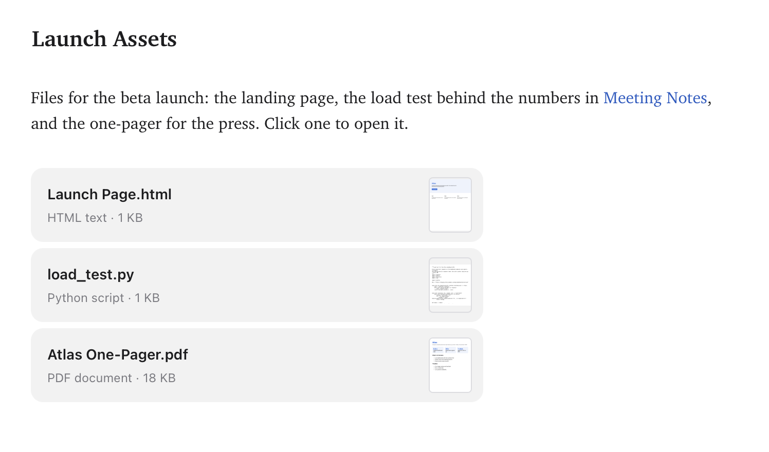 Three attachment cards in a note: an HTML page, a Python script and a PDF, each with its kind, size and a thumbnail