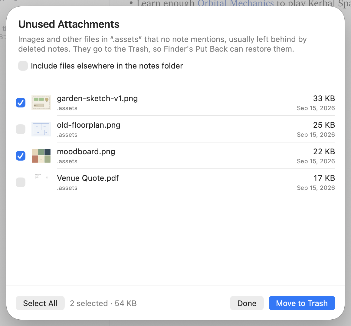 The Unused Attachments sheet listing images and a PDF