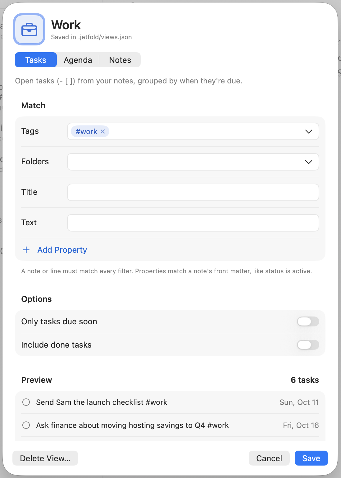 The view editor with an icon, a name, filters and a live preview