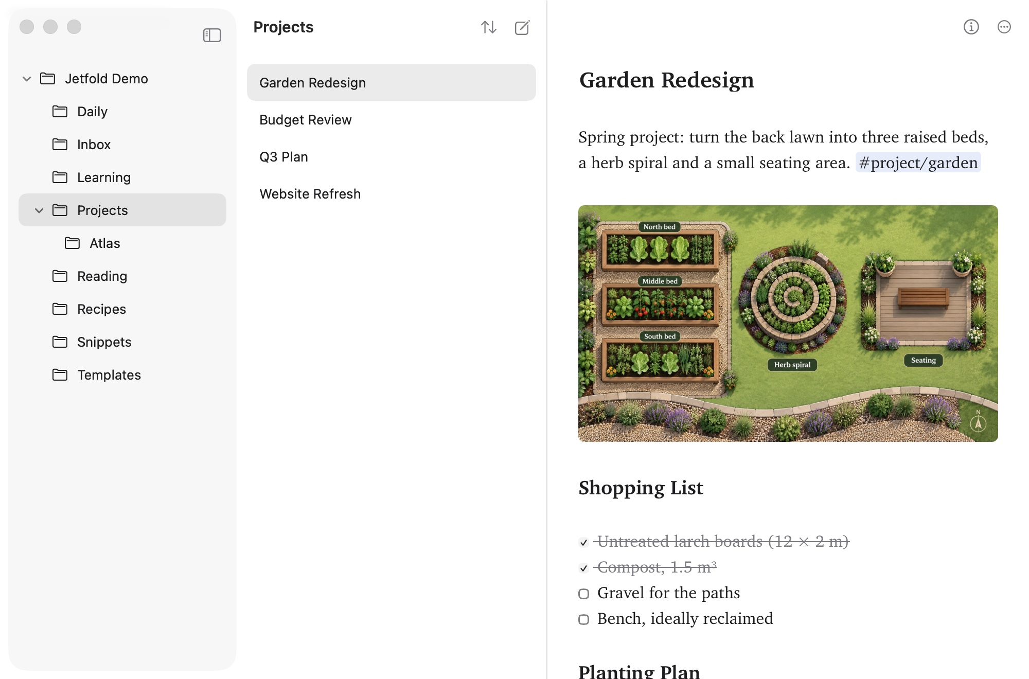 Jetfold with everything turned off but the folders: the notes folder and its subfolders, a list of plain note titles, and the Garden Redesign note